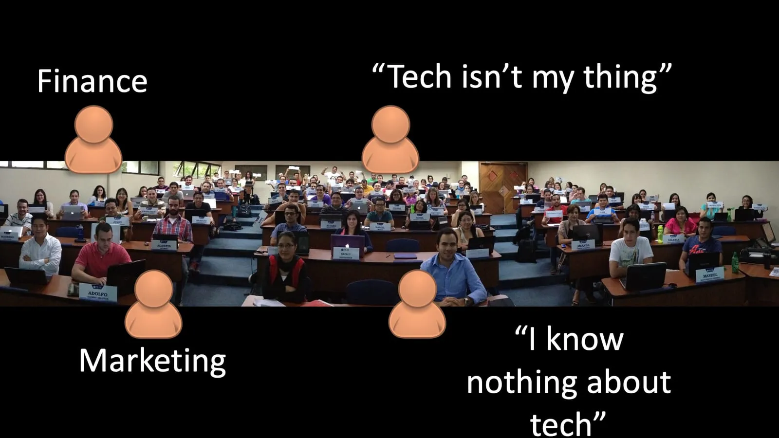 A classroom of students, with typical comments: “Tech isn’t my thing” and “I know nothing about tech”
