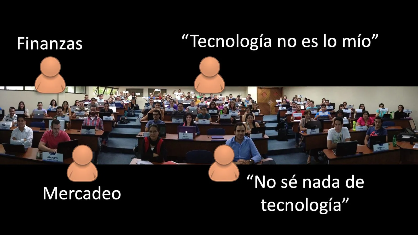 Un aula llena de estudiantes, con comentarios típicos: “Tecnología no es lo mío” y “No sé nada de tecnología”