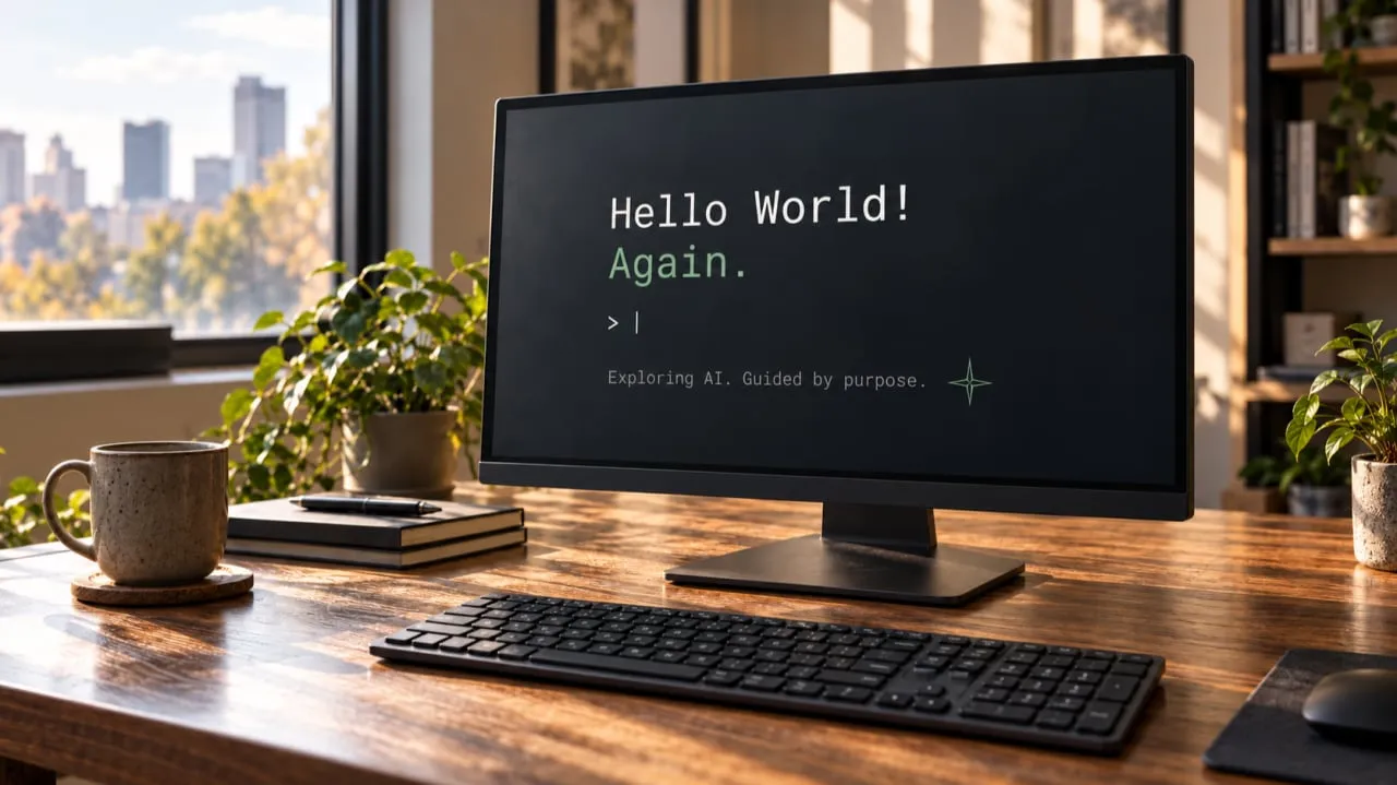 Un escritorio con un monitor que muestra “Hello World! Again. Exploring AI. Guided by purpose.”
