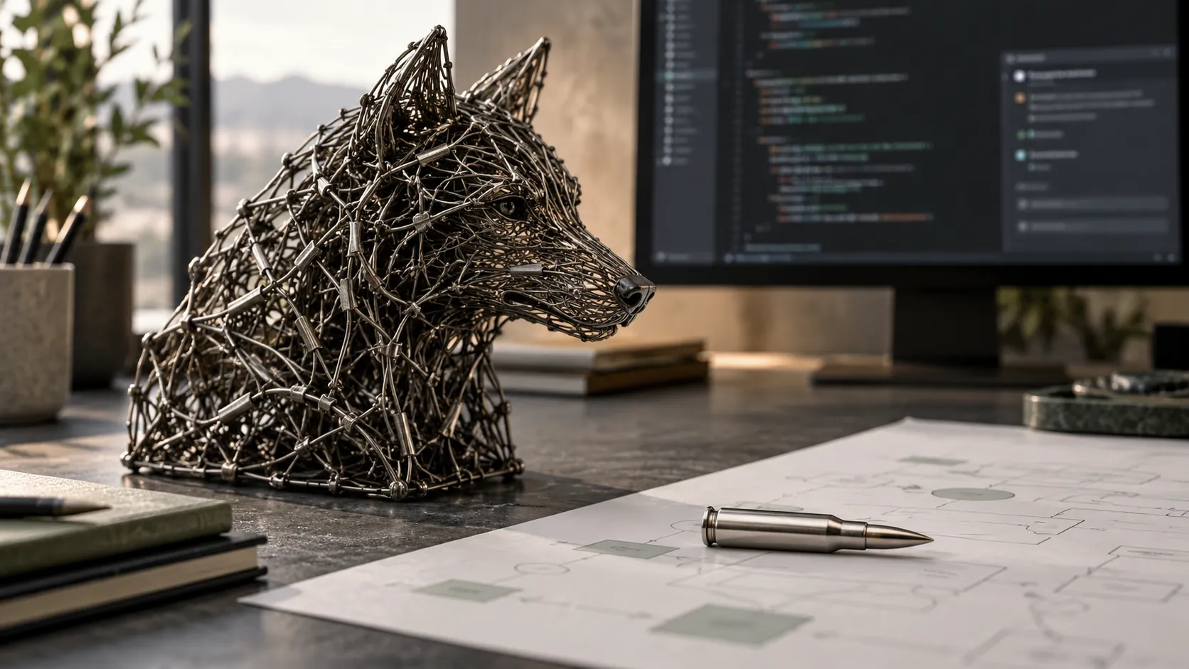 Una escultura de alambre con forma de lobo sobre un escritorio, junto a una bala de plata que descansa sobre un diagrama de sistemas, con código en un monitor al fondo
